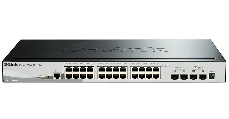D-Link DGS-1510-28/A1A, Gigabit Stackable SmartPro Switch with 24 10/100/1000Base-T ports, 2 Gigabit SFP, 2 10G SFP+  ports