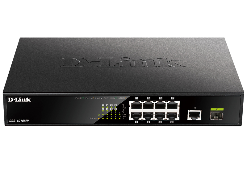 D-Link DGS-1010MP/A1A, L2 Unmanaged Switch with 9 10/100/1000Base-T ports  and 1 1000Base-X SFP  ports(8 PoE ports 802.3af/802.3at (30 W), PoE Budget 125 W)